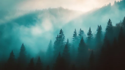 Misty Forest Mountain Valley with Evergreen Trees.