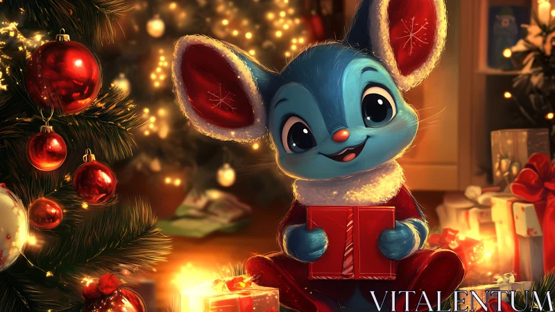 Blue winter mouse sharing cozy Christmas gift wonder.