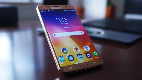 Samsung Galaxy smartphone displaying vibrant gradient home screen on desk