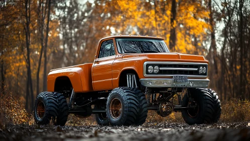 Photorealistic lifted classic truck in autumn woodland setting.