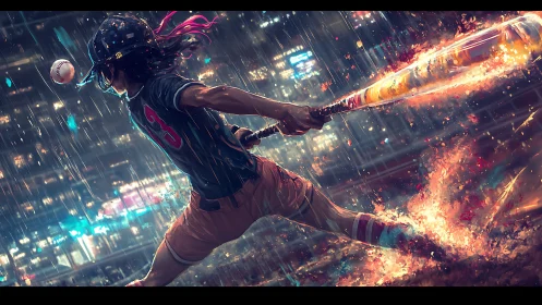 Neon drenched baseball batter mid swing with flaming bat impact