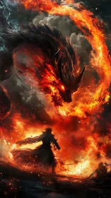 Human silhouette confronting large flaming dragon form.