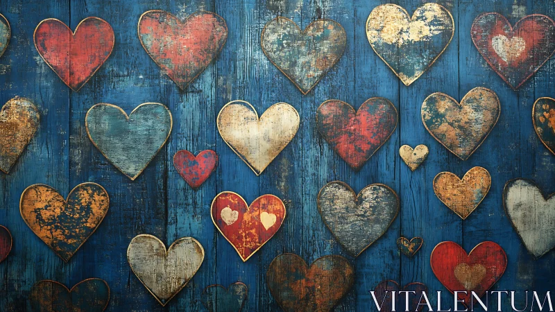 Distressed hearts arranged on weathered blue wooden surface.