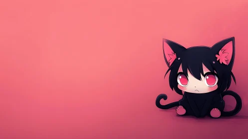Soft pink daydream with shy black neko chibi companion.