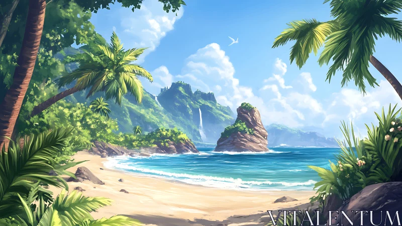 Tropical Island Paradise with Verdant Cliffs and Turquoise Waters.