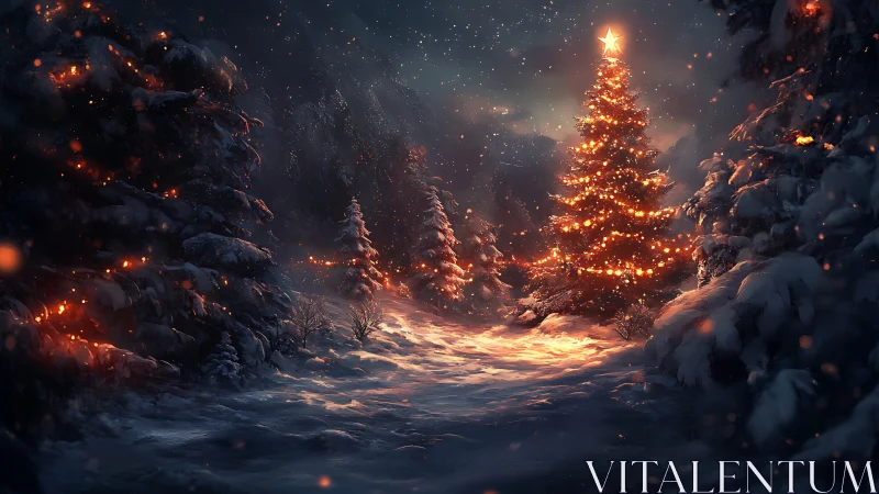 Radiant Christmas tree illuminating a tranquil snowy forest.