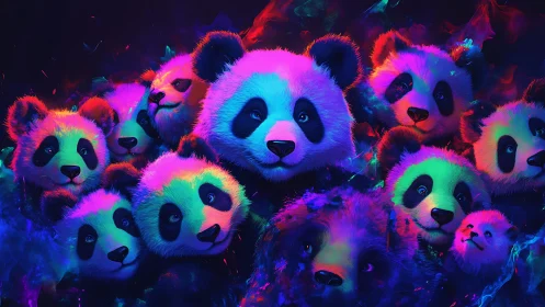 Neon dreamscape of glowing panda faces in dense cluster.