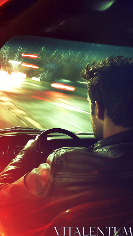 Nocturnal driver in motion blur with dynamic light trails.