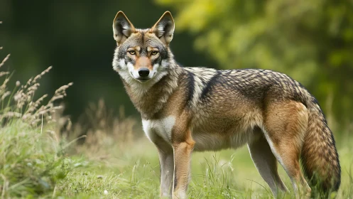 Wild wolf standing alert in soft green forest light.