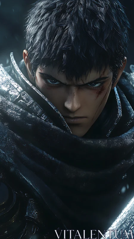 Armored warrior stares forward with intense wounded gaze