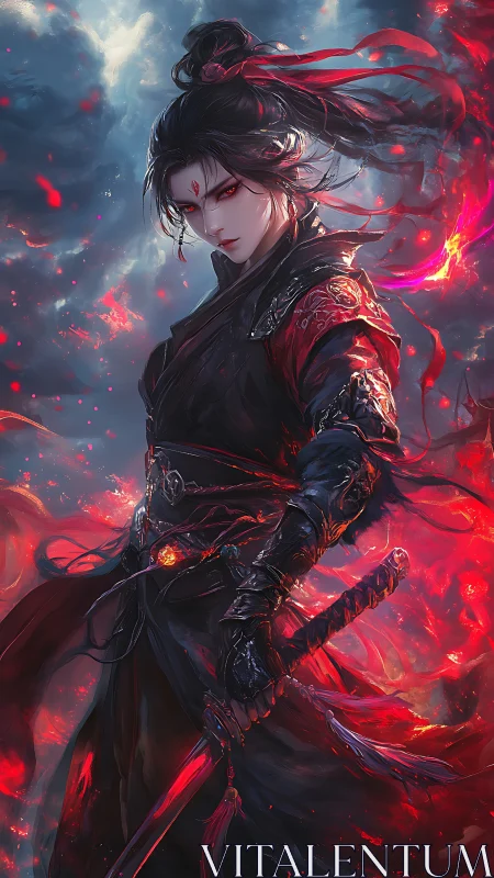 Stormlit fire warrior with crimson blade and calm resolve.