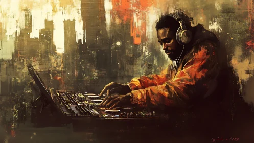DJ mixes deep urban beats over glowing abstract city soundscape