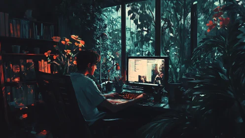 Cozy night workspace glowing gently in a lush green haven.