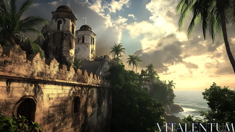 Fortified coastal structure with twin towers above rocky terrain.