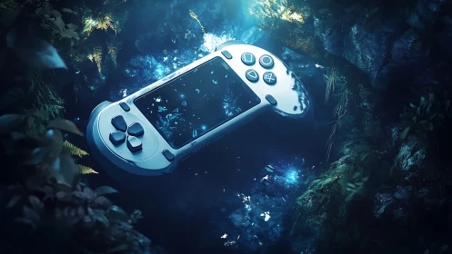 Futuristic handheld console in glowing forest stream.
