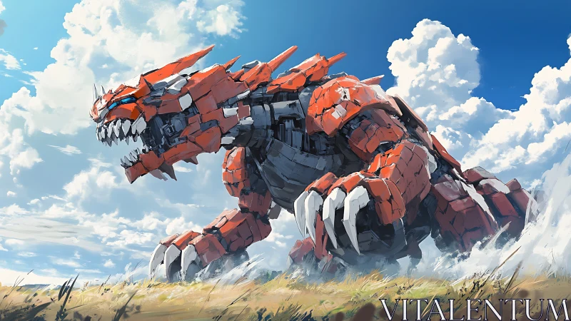 Red mechanical beast charges across windy open field