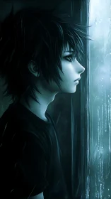 Midnight-haired dreamer watching storms behind cold glass.