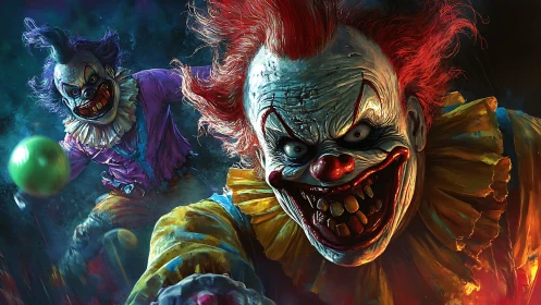 Grotesque killer clowns lunging forward in vivid detail.