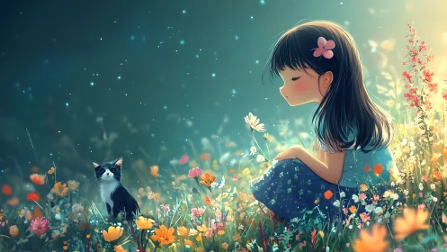 Girl and kitten share a glowing dreamlike meadow moment.