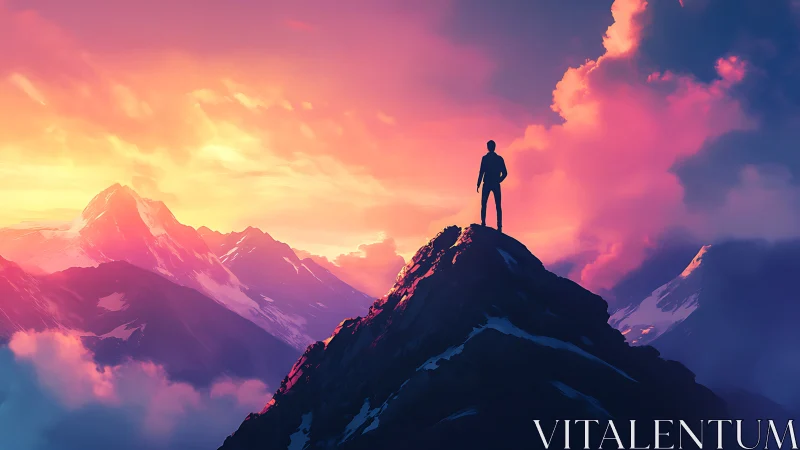 Silhouette on alpine summit under vivid magenta sunset sky