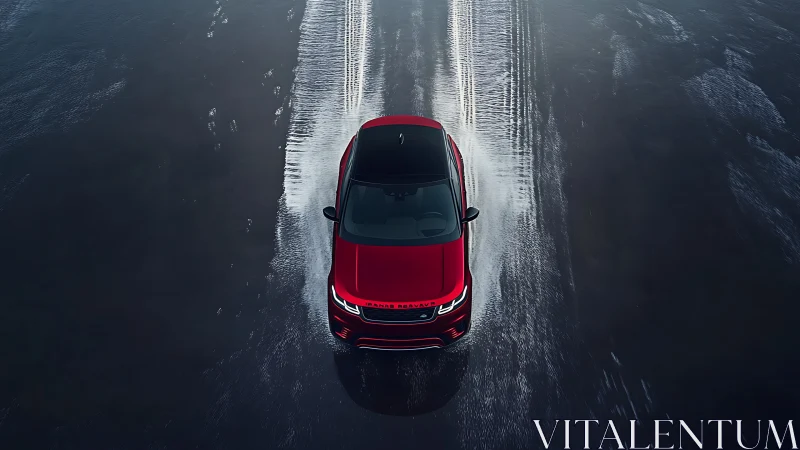 Red SUV powers through shallow water from aerial view.