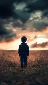 Solitary child contemplates stormy horizon at fading dusk