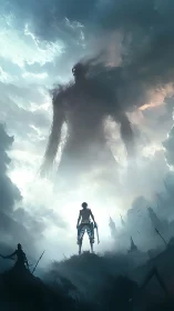 Silhouetted human confronts towering humanoid in dense clouds