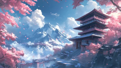 Cherry blossom temple dreams under bright mountain skies.