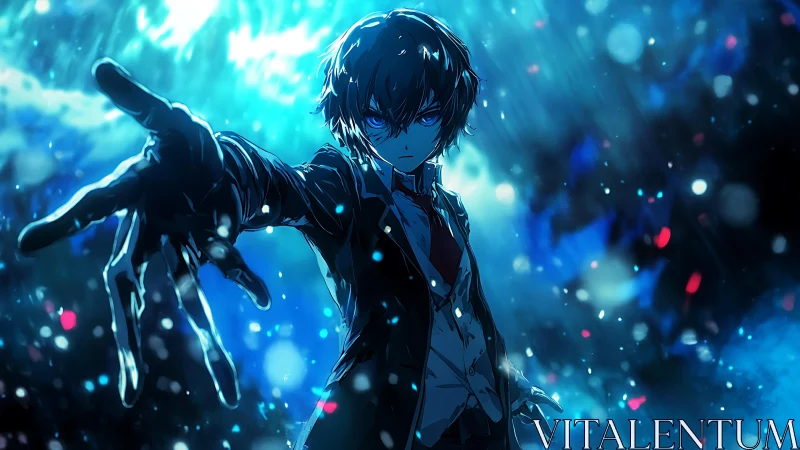 Intense blue anime boy reaches forward in glowing rain.