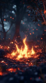 Wildfire Flames with Ember Particles Rising Through Twilight Forest