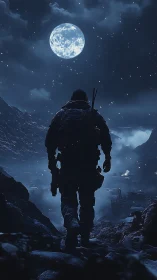 Lone night wanderer under a bright, watchful full moon.