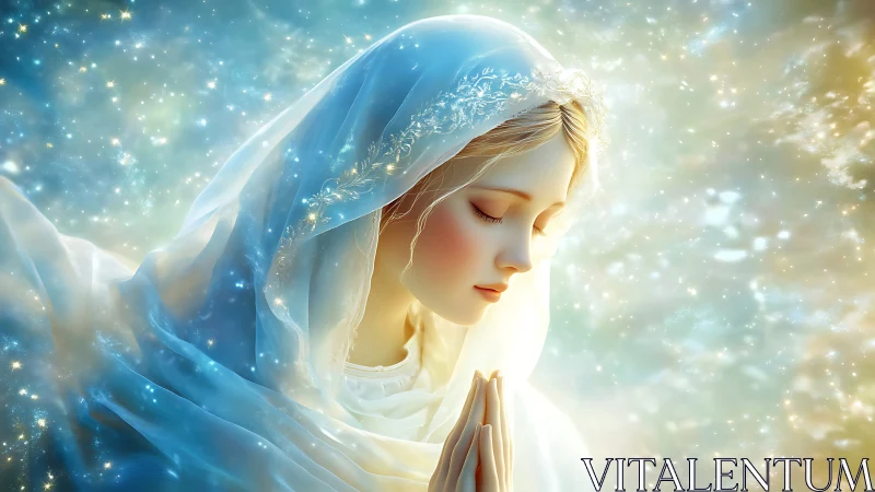 Gentle veiled woman prays softly in a glowing starlit light