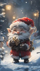 Small winter gnome in red coat holding wrapped gift box.