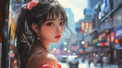 Young woman in red dress on busy urban street at dusk.