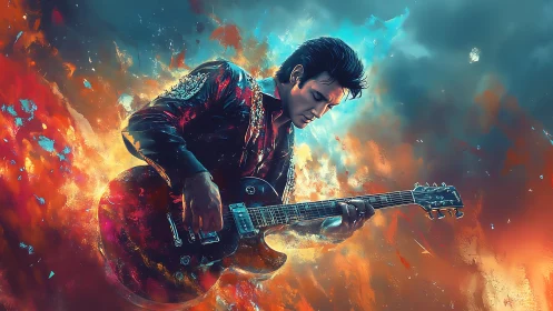 Rock guitarist ignites stage within blazing cosmic storm.