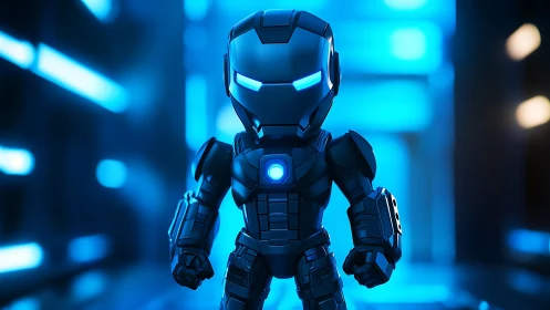 Tiny armored sentinel glows boldly in a neon-blue corridor