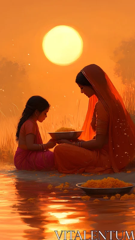 Golden river ritual shared by mother and daughter at dusk.
