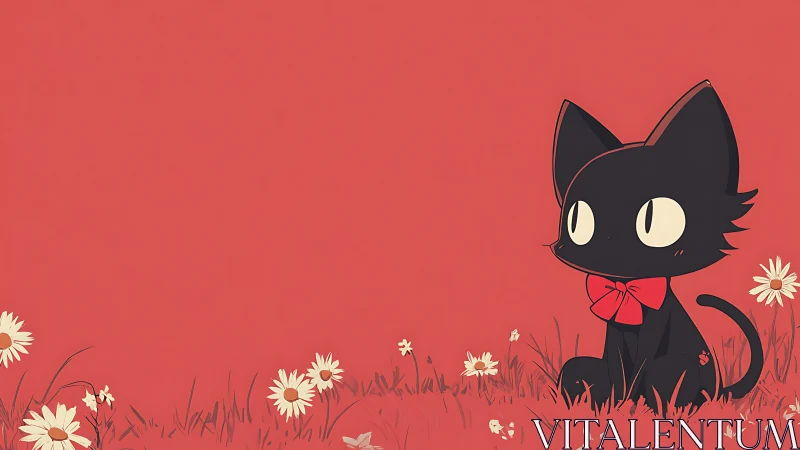 Minimalist anime cat with red negative space field composition.