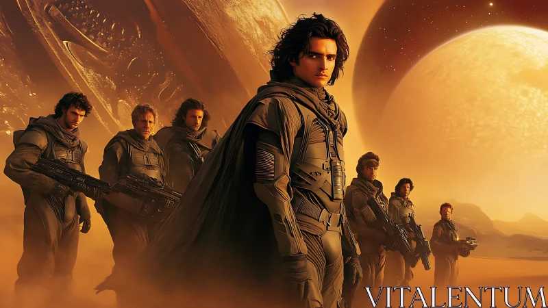 Desert guardians stride beneath burning twin suns of war.