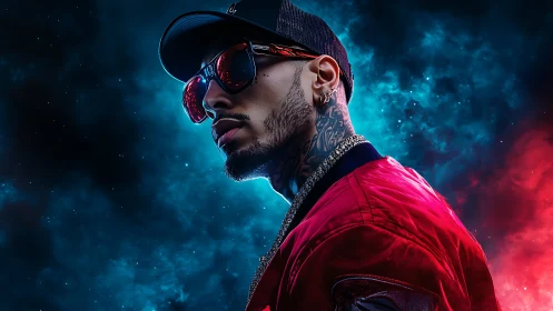 Neon-lit urban portrait with cosmic red blue split lighting.