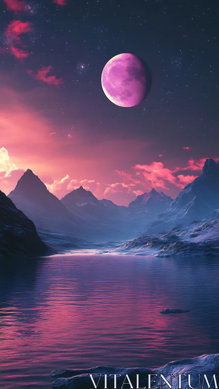 Violet lunar horizon illuminates crystalline alien fjord