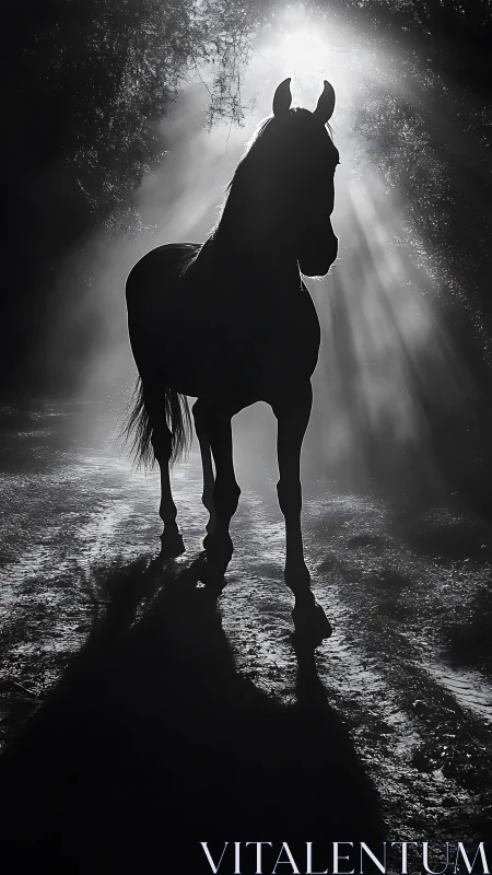 Midnight horse silhouette wandering through silver light.