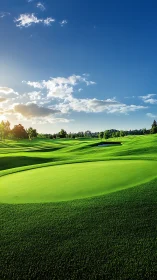 Sunlit golf course topography with sculpted putting green geometry.