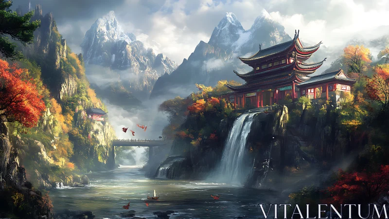 Majestic mountain temple overlooks misty river valley at dawn