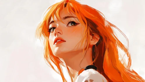Fiery-haired heroine gazes upward in luminous portrait.