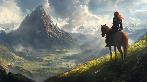 Armored rider observing vast mountain valley landscape.