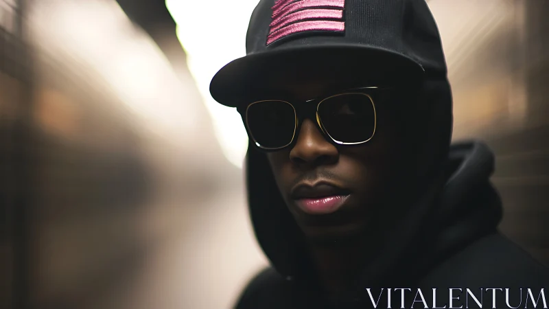 Man in hoodie and cap stands in blurred tunnel environment