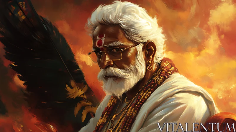 Elderly sage in orange light with bird wing backdrop.