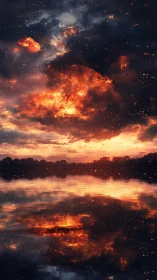 Cosmic Inferno Over Still Waters: Celestial Explosion at Dusk.