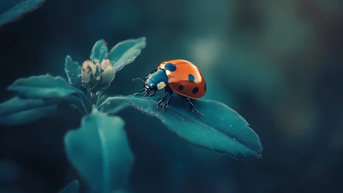 Gentle ladybug pauses on a leaf in soft forest light